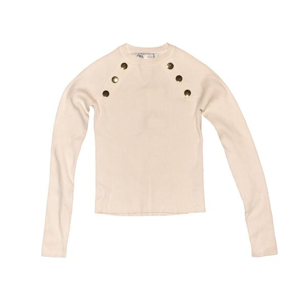 ZARA NEW $36 Button Accent Ribbed Crewneck Pullover Sweater Ivory Small - Picture 1 of 3